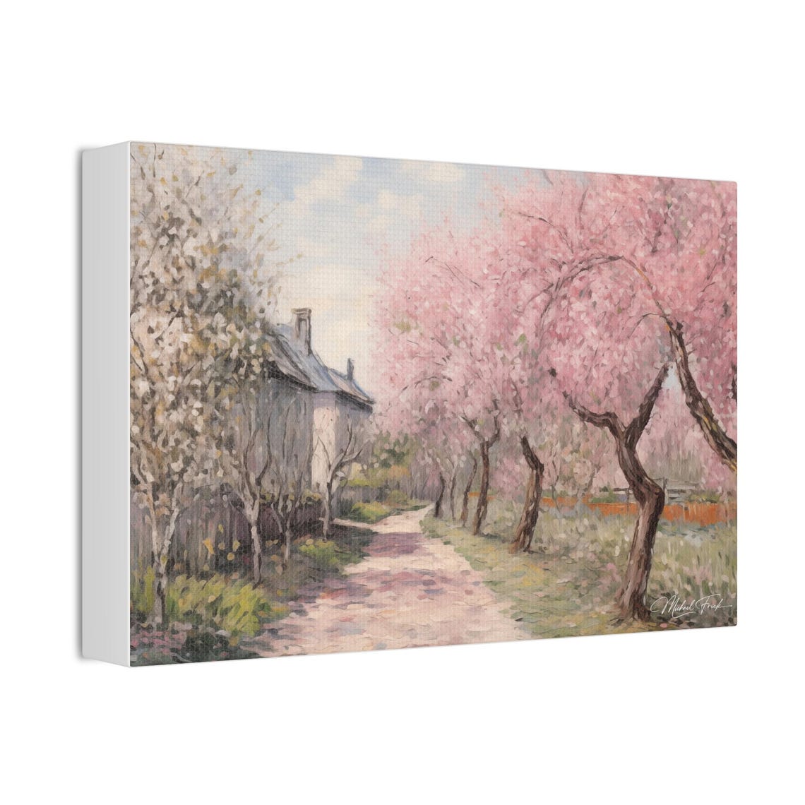 Cherry Blossom Path Winding Past Country Houses In Spring Wall Art - Image 3