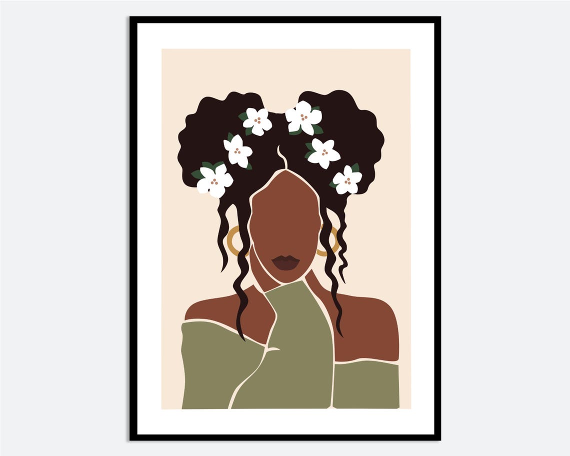 Afro Puffs Woman With White Flowers Green Top Boho Art Poster