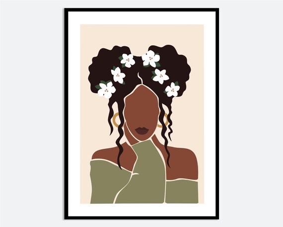 Boho Modern Girl With White Flowers Beige Green Aesthetics Wall Art Print Abstract Decor Colorful Botanical Floral Poster Fa33