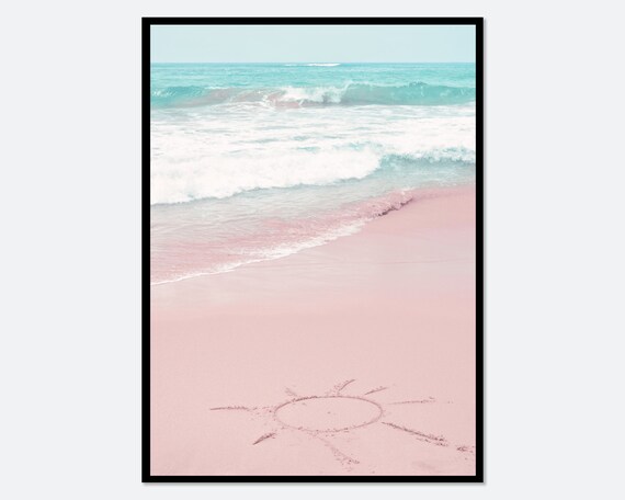 Pink Sand Beach With Turquoise Waves and Hand Drawn Sun Poster