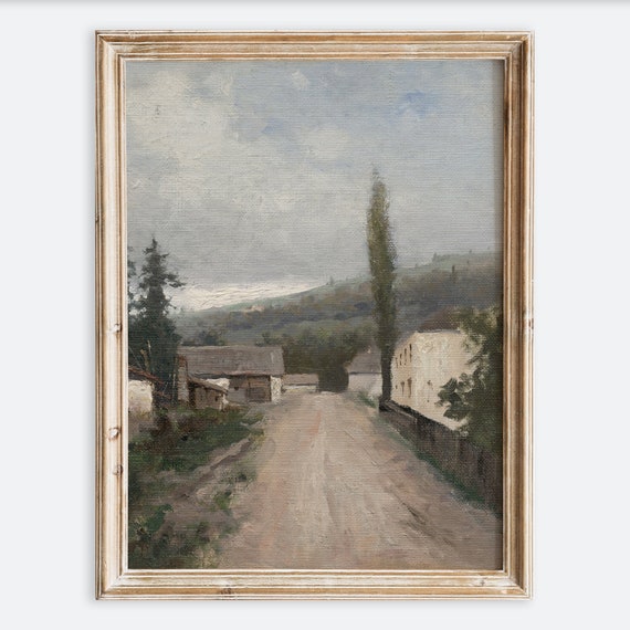 Rustic Vintage European Countryside Village Road Painting Wall Art Print Neutral Landscape Poster Antique Moody Farmhouse Decor Vp131