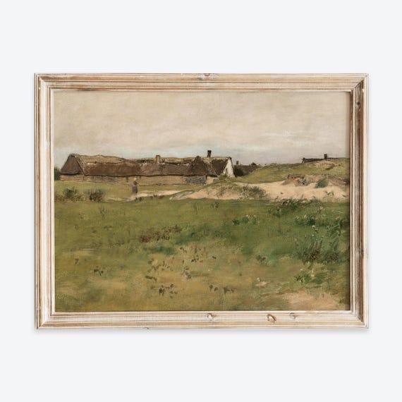 Rustic Vintage European Farm In France Oil Painting Wall Art Print Neutral Muted Landscape Poster Antique Moody Farmhouse Decor Vp219