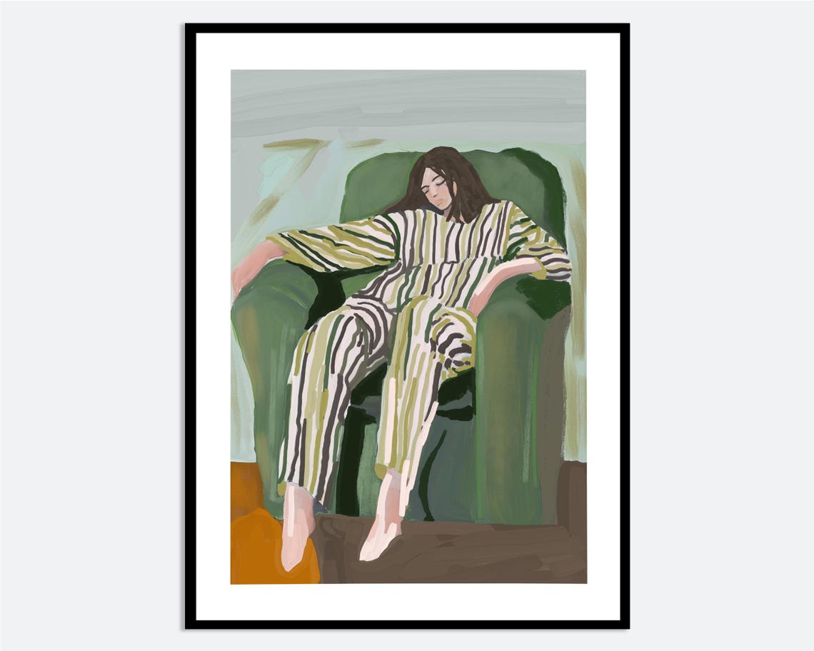 Woman Green Striped Pajamas Relaxing Armchair Painting Art Poster