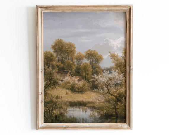 Rustic Vintage European Country Cottage Garden Flower Trees Pond Oil Painting Art Print Landscape Poster Antique Moody Farmhouse Vp50
