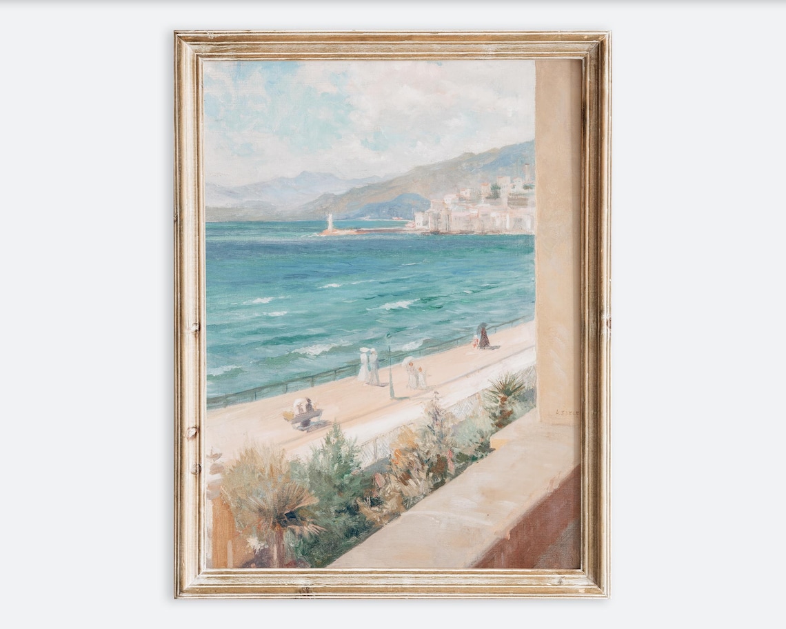French Riviera Seaside Promenade Coastal Vintage Oil Painting Poster
