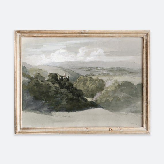 Rustic Vintage European Country Trees Painting Art Print Green Forest Hilltop Castle Landscape Poster Antique Moody Farmhouse Vp101