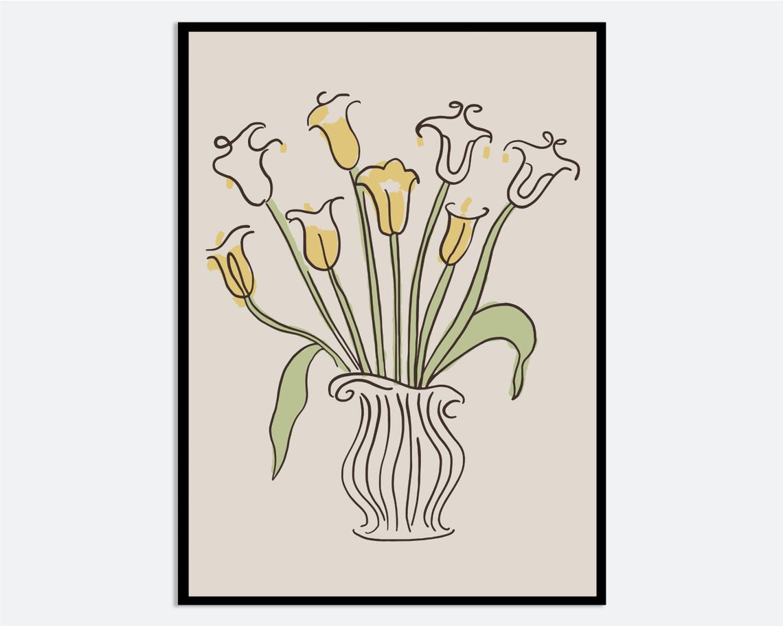 Yellow Tulips Line Art Vase Minimalist Spring Floral Wall Print