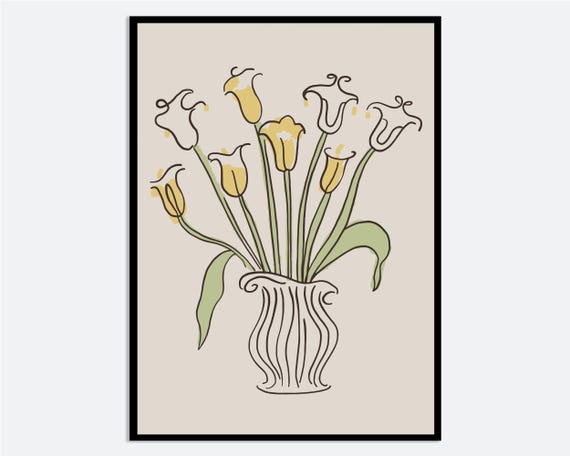Yellow Tulip Flowers Vase Line Art Wall Print Hand Drawn Spring Summer Illustration Contemporary Modern Floral Poster Ma83
