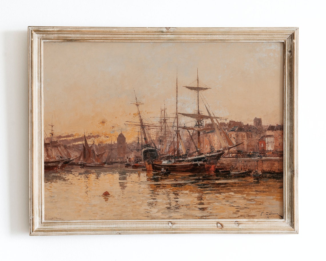 Rustic Vintage Art Print Vintage Oil Painting Neutral Autumn Port Landscape Poster Eugene Galien Laloue Voiliers Quai En Normandie Vp19