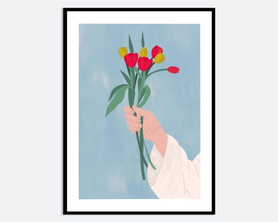 Girl Holding Flowers Wall Art Print Contemporary Modern Hand Drawn Illustration Blue Colorful Spring Summer Floral Poster Ma28