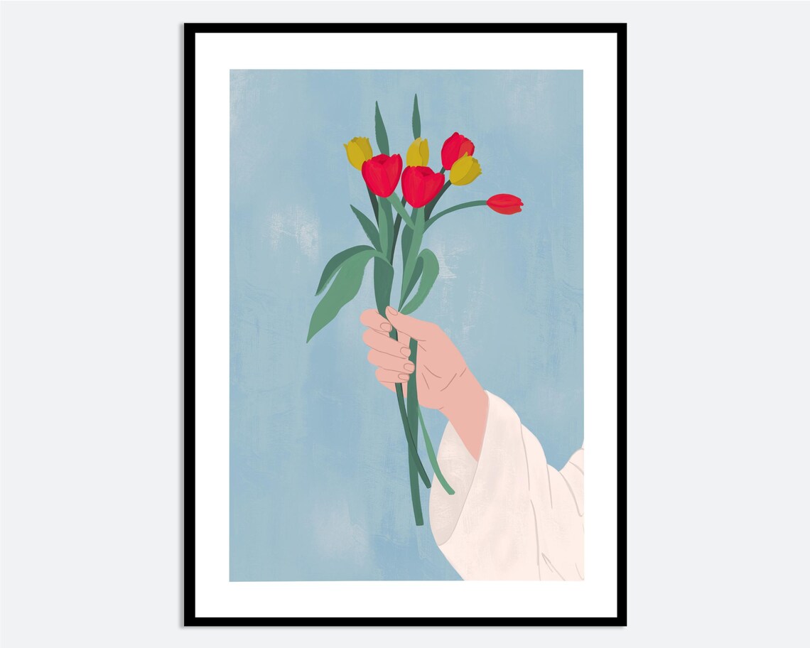 Hand Holding Tulip Bouquet Red Yellow Minimal Floral Art Poster