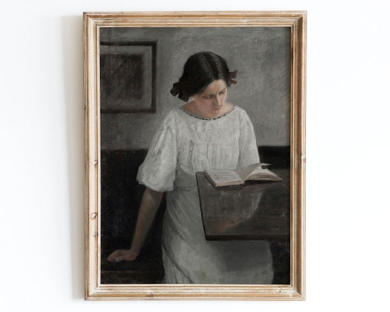 European Vintage Rustic Woman Reading Portrait Oil Painting Wall Art Print Antique Girl Poster Moody Muted Farmhouse Artists Wife Vp62
