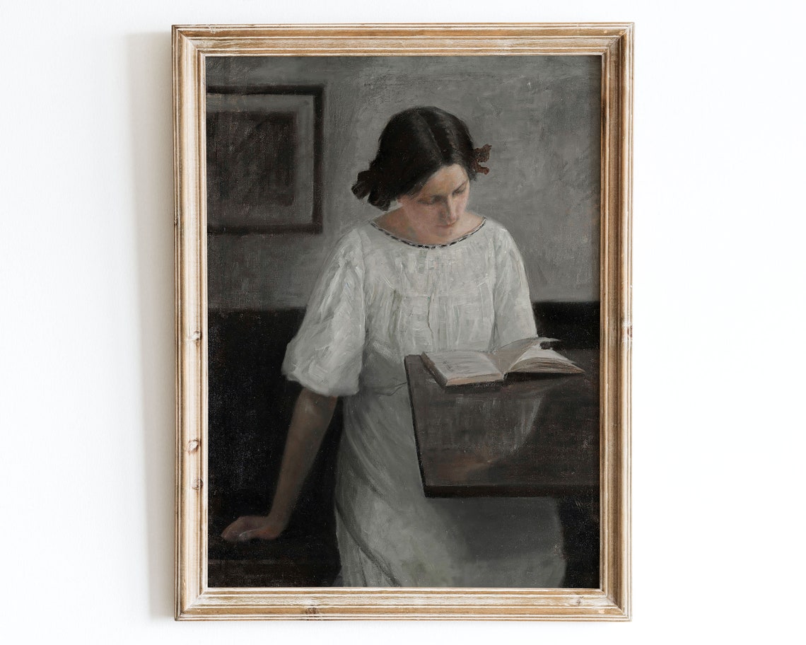 European Vintage Rustic Woman Reading Portrait Oil Painting Wall Art Print Antique Girl Poster Moody Muted Farmhouse Artists Wife Vp62