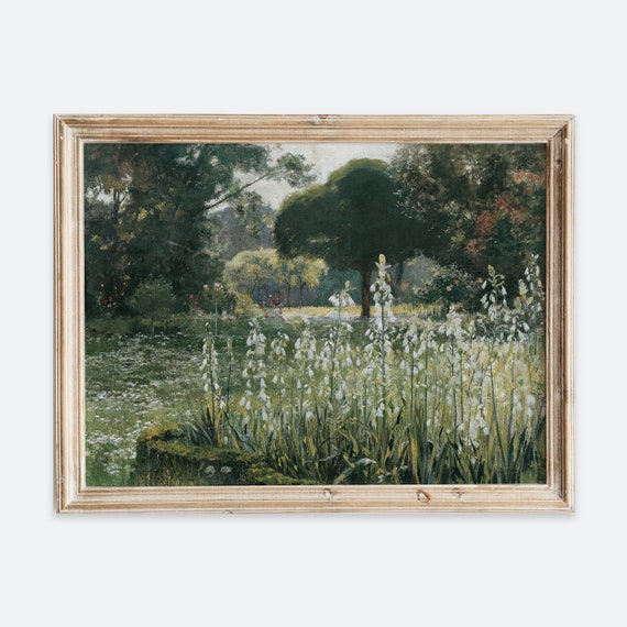 Rustic Vintage European Country French Flower Garden Meadow Oil Painting Art Print Neutral Landscape Poster Antique Moody Farmhouse Vp90