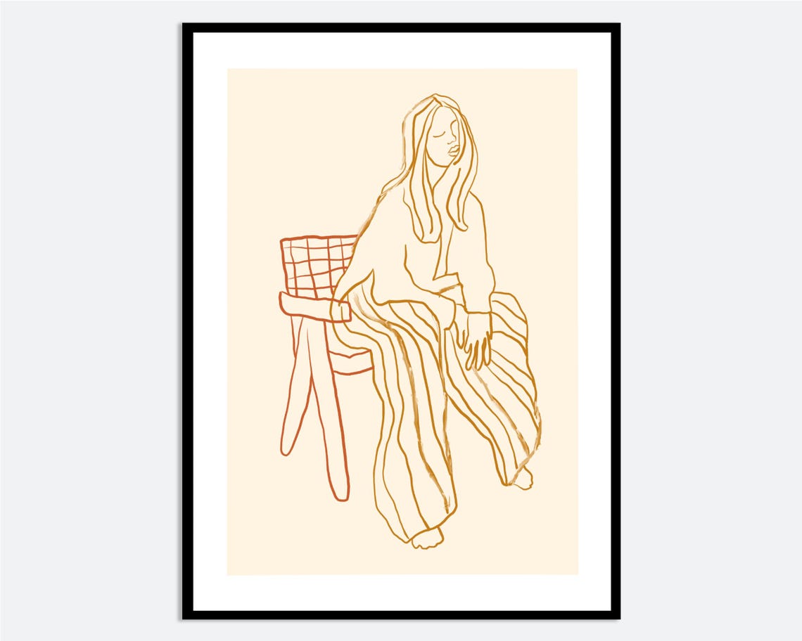 Striped Pants Woman Wall Art Print Hand Drawn Minimalist Girl Illustration Contemporary Modern Fashion Poster Line Ma125