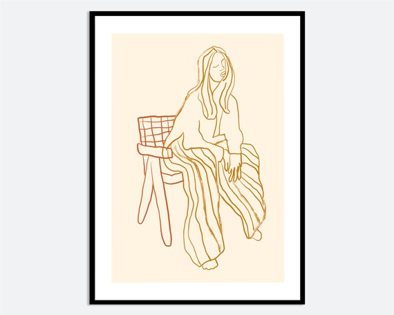 Woman in Striped Pants Line Art Minimalist Sitting Figure Wall Art
