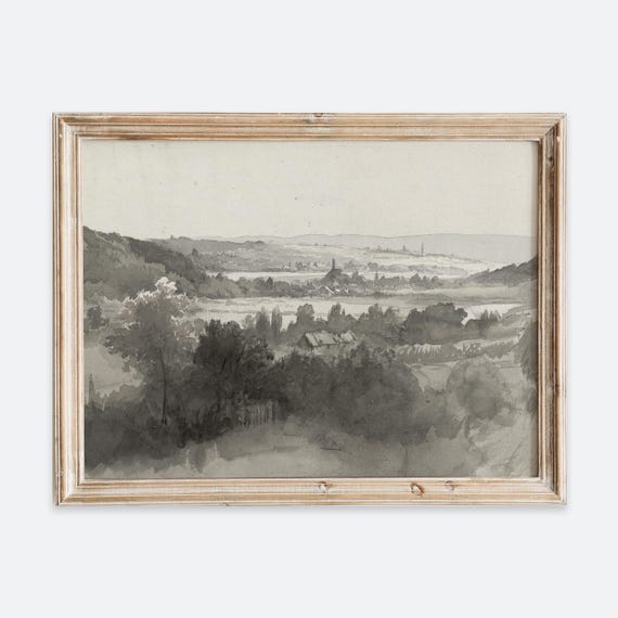 Rustic Vintage European Trees Forest Landscape Painting Art Print View Of Valley Nature Poster Antique Moody Farmhouse Decor Vp172