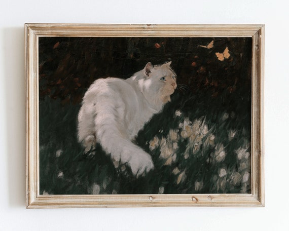Vintage Cat And Butterflies Animal Portrait Art Print
