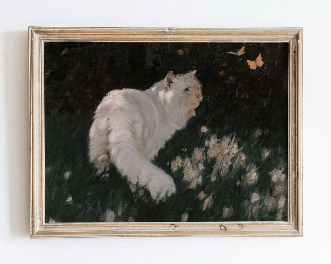 Vintage Cat And Butterflies Animal Portrait Art Print