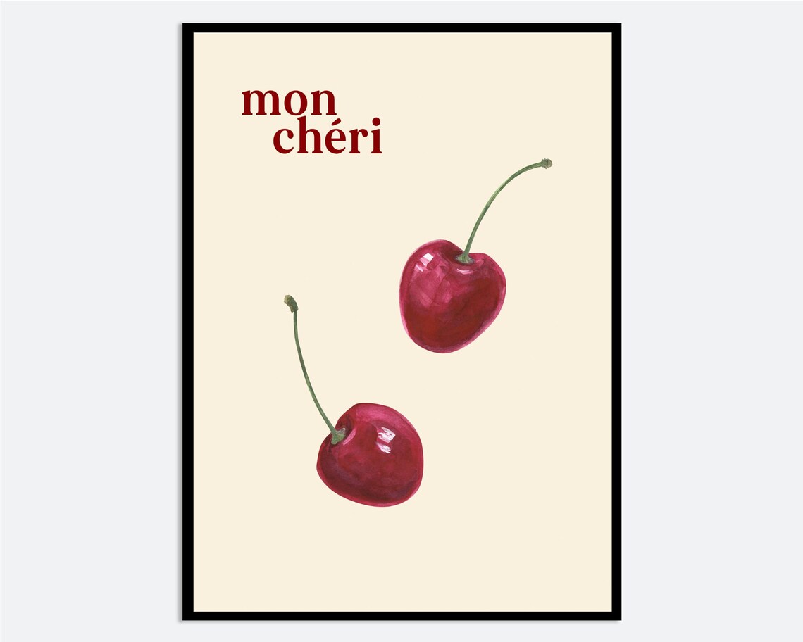 Mon Cheri Cherries Poster French Watercolor Minimal Kitchen Sweet Gift Art