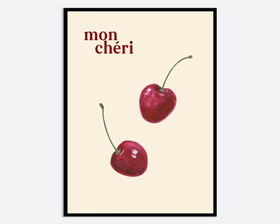 Cherries Mon Chri Kitchen Wall Art Print Colorful Fruits Minimalistic Dining Room Red Hand Drawn Cherry Illustration Fm142