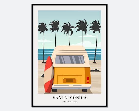Vintage Camper Van by Beach in Santa Monica, Travel Poster