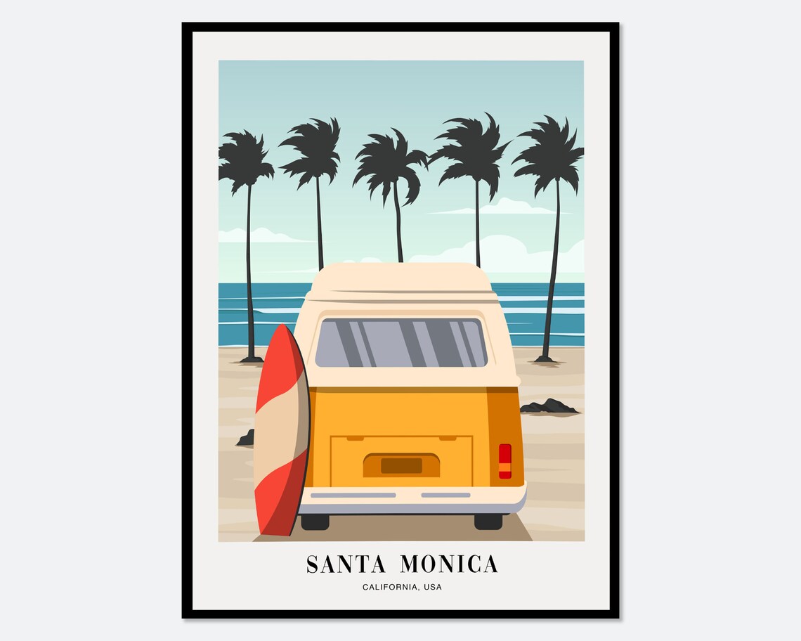 Vintage Camper Van by Beach in Santa Monica, Travel Poster