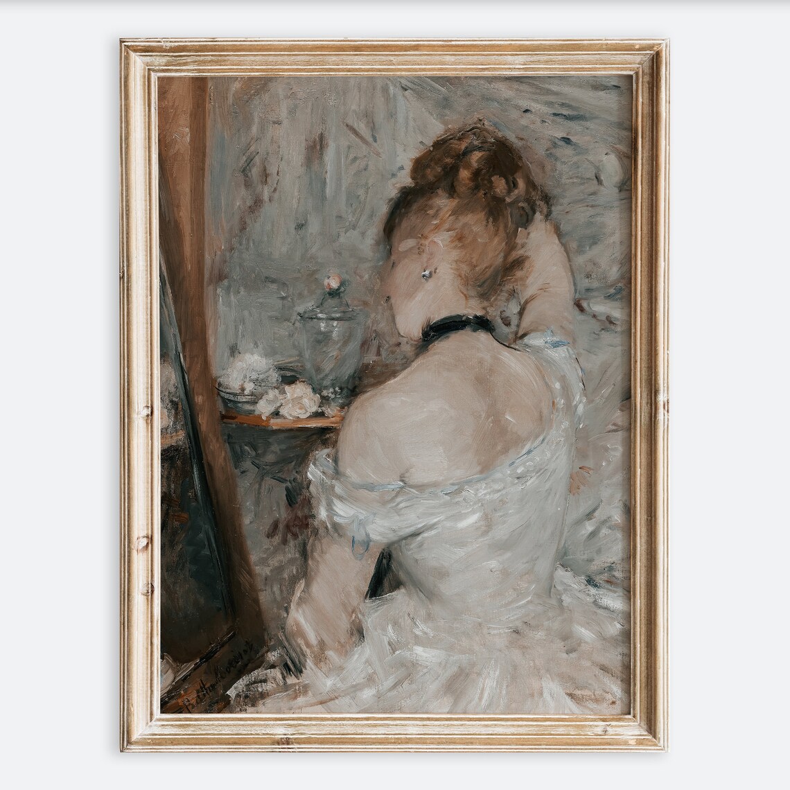 Vintage Rustic Woman in Front of Mirror, Art Print