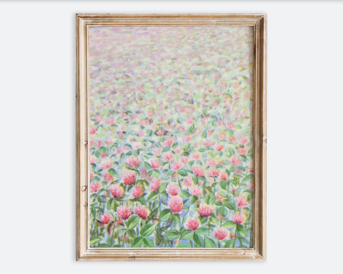 Vintage Red Clover Flower Field Spring Meadow Painting Poster