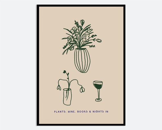 Plants Wine Books Nights In Botanical Line Art Green Kitchen Poster