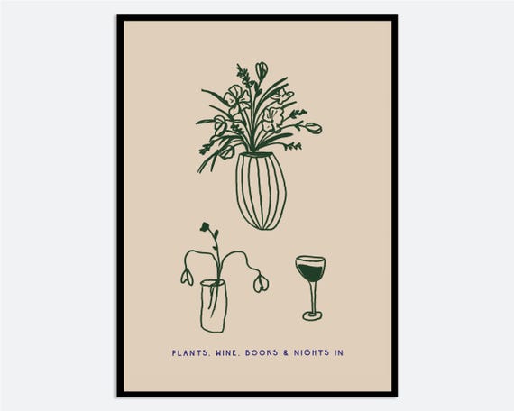 Wine Glass And Flower Vase Wall Art Print Hand Drawn Minimalist Illustration Modern Cozy Night In Poster Contemporary Line Decor Ma109
