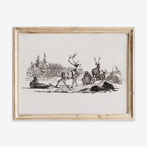 Rustic Reindeer Sled Winter Pencil Sketch Vintage Christmas Poster