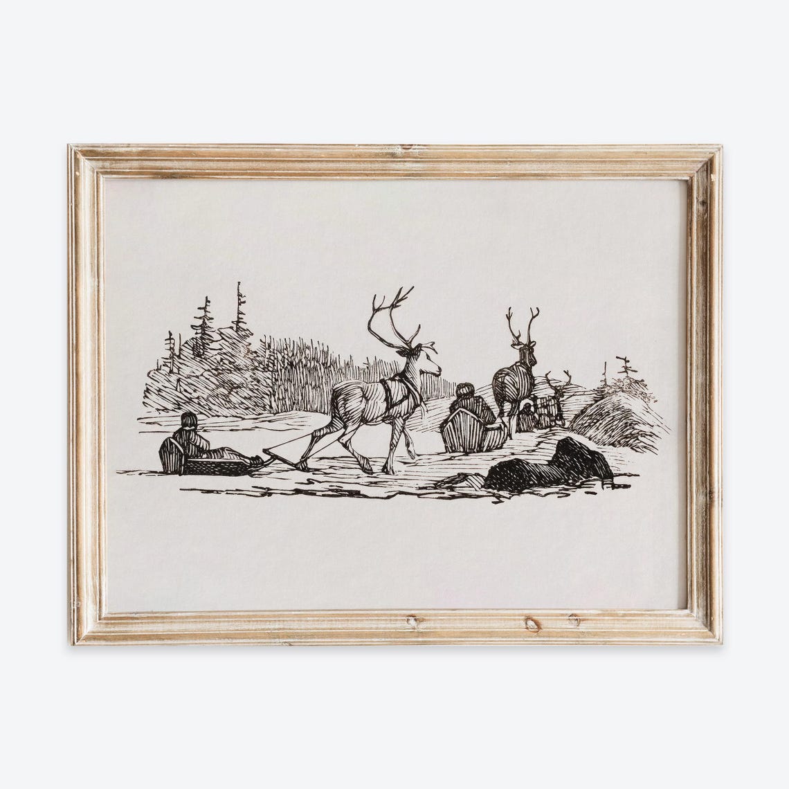 Rustic Reindeer Sled Winter Pencil Sketch Vintage Christmas Poster
