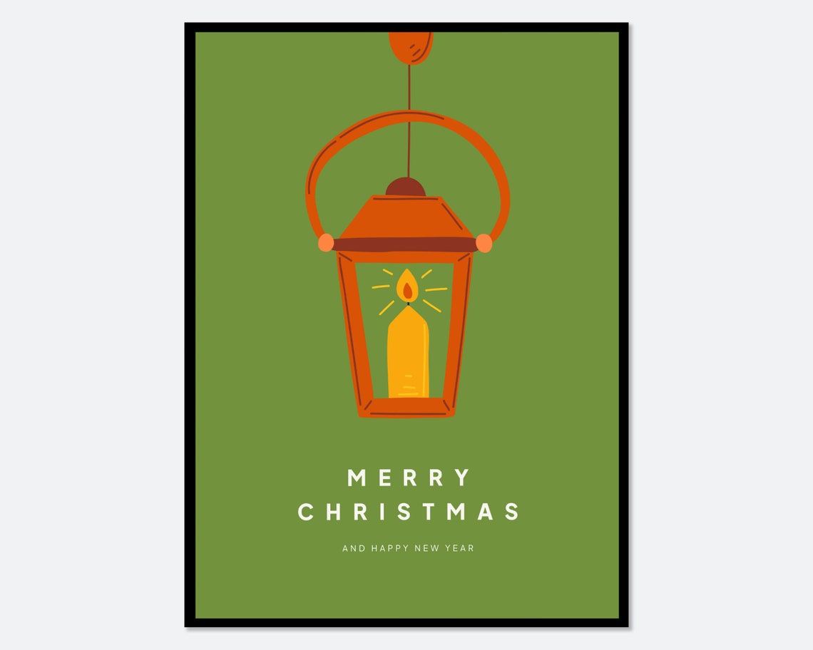 Merry Christmas Lantern Candle Green Minimal Holiday Art Poster