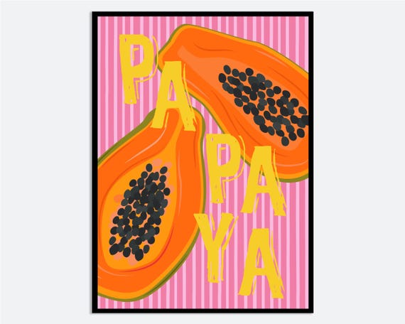Tropical Papaya Fruit Pink Wall Art Print Hand Drawn Contemporary Food Illustration Modern Summer Kitchen Poster Decor Ma186