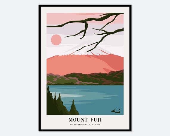 Snow Capped Mount Fuji Japan Colorful Boho Art Print Abstract Landscape Illustration Fuji Mountain Japan Print Travel Poster Ta21