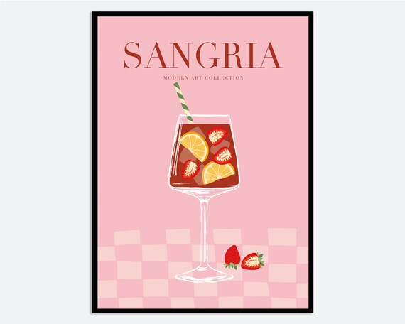 Sangria Cocktail Illustration Pink Strawberry Bar Art Poster