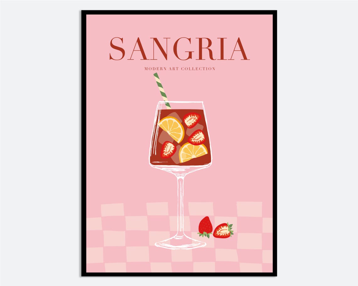 Sangria Cocktail Illustration Pink Strawberry Bar Art Poster