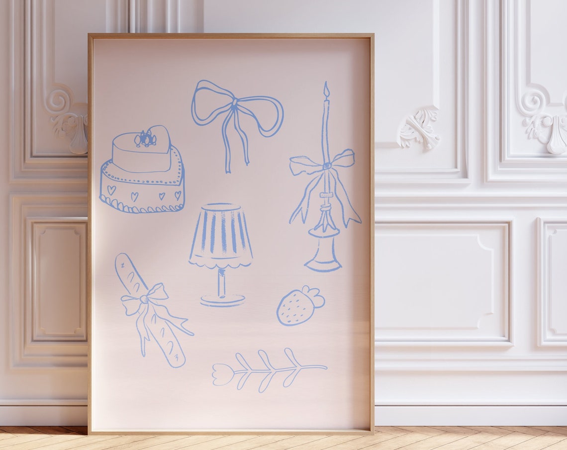 Blue Line Doodle Kitchen Icons Cake Bow Candle Coquette Decor Poster