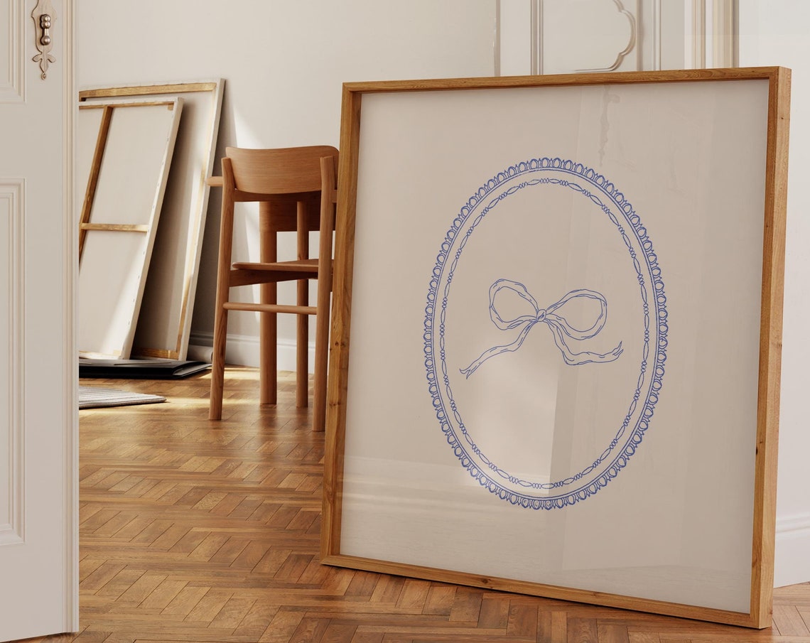 Simple Cobalt Blue Bow Print Wall Art Trendy Decor Botanical Illustration Living Room Art Cottage Nursery