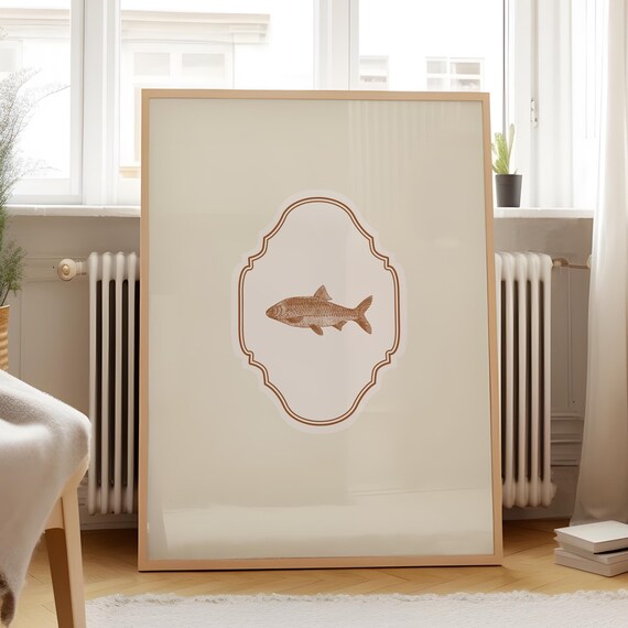 Cream Vertical Fish Illustration Print Wall Art Trendy Decor Coastal Decor Vintage