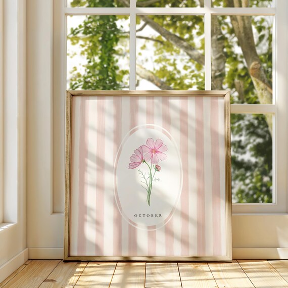 October Cosmos Birth Month Pink Watercolor Striped Art Poster