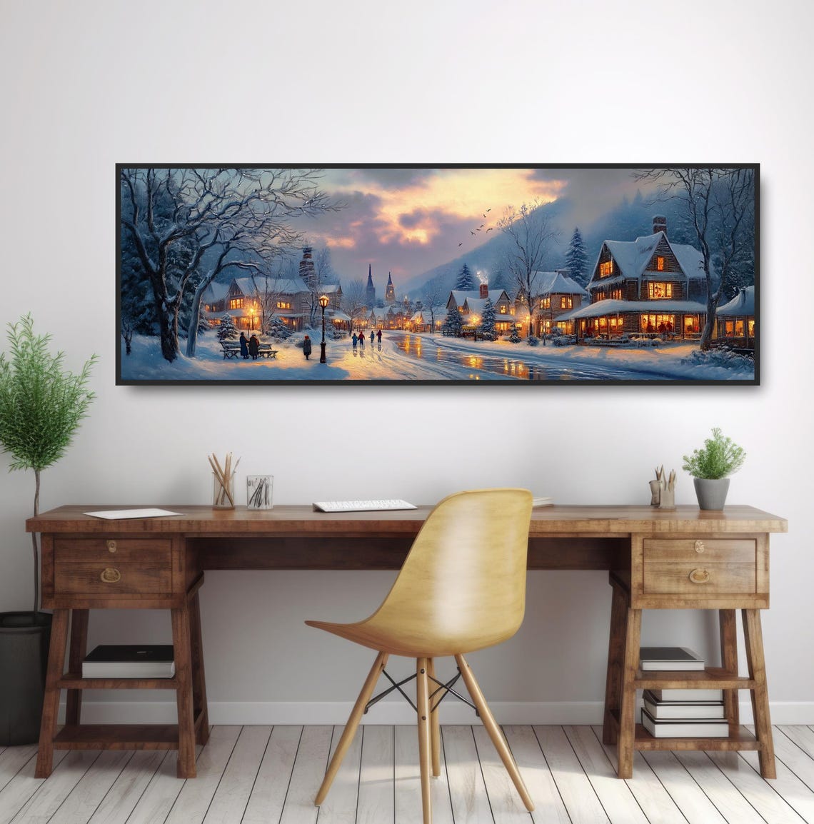 Snow Covered Town Church Spires Lamplight Dusk Winter Scene Poster - Image 2