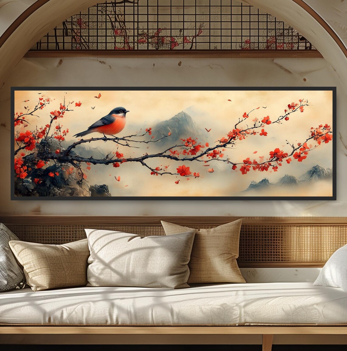 Bird Perched On Branch, Japanese Watercolor Art Print