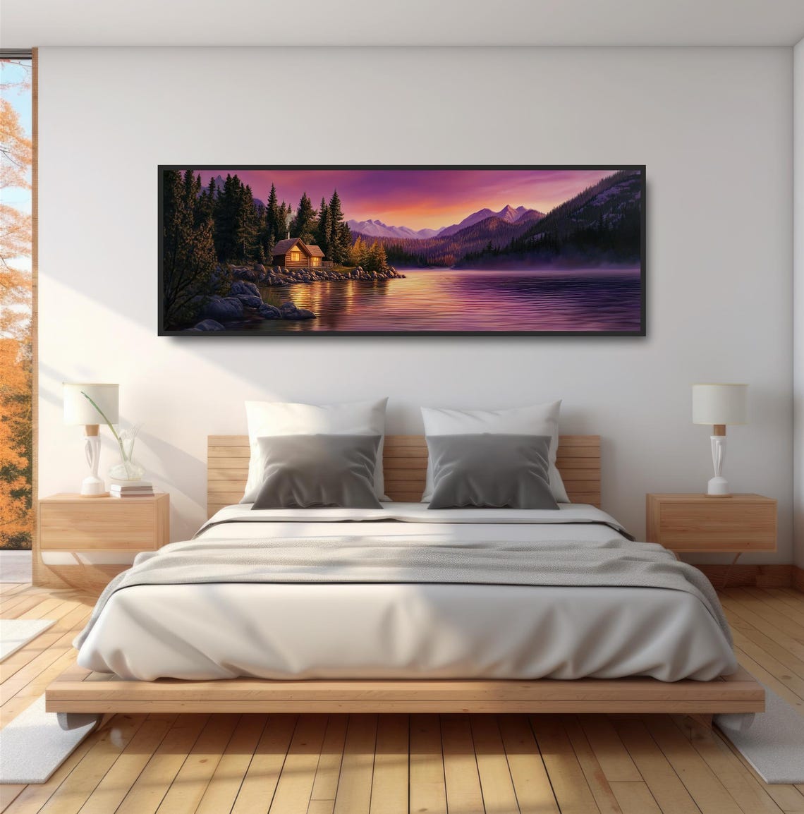 Cozy Log Cabin Mountain Lake Sunset Panoramic Pink Sky Wall Art - Image 4