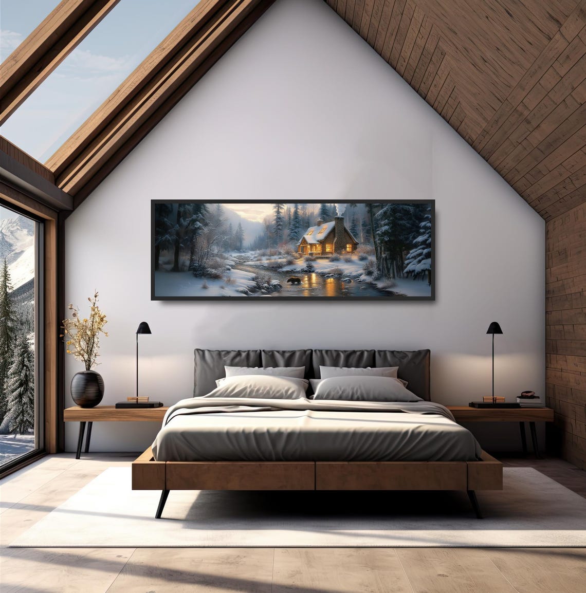 Winter Cabin Bear by Snowy River Mountain Lodge Dusk Landscape Poster - Image 4