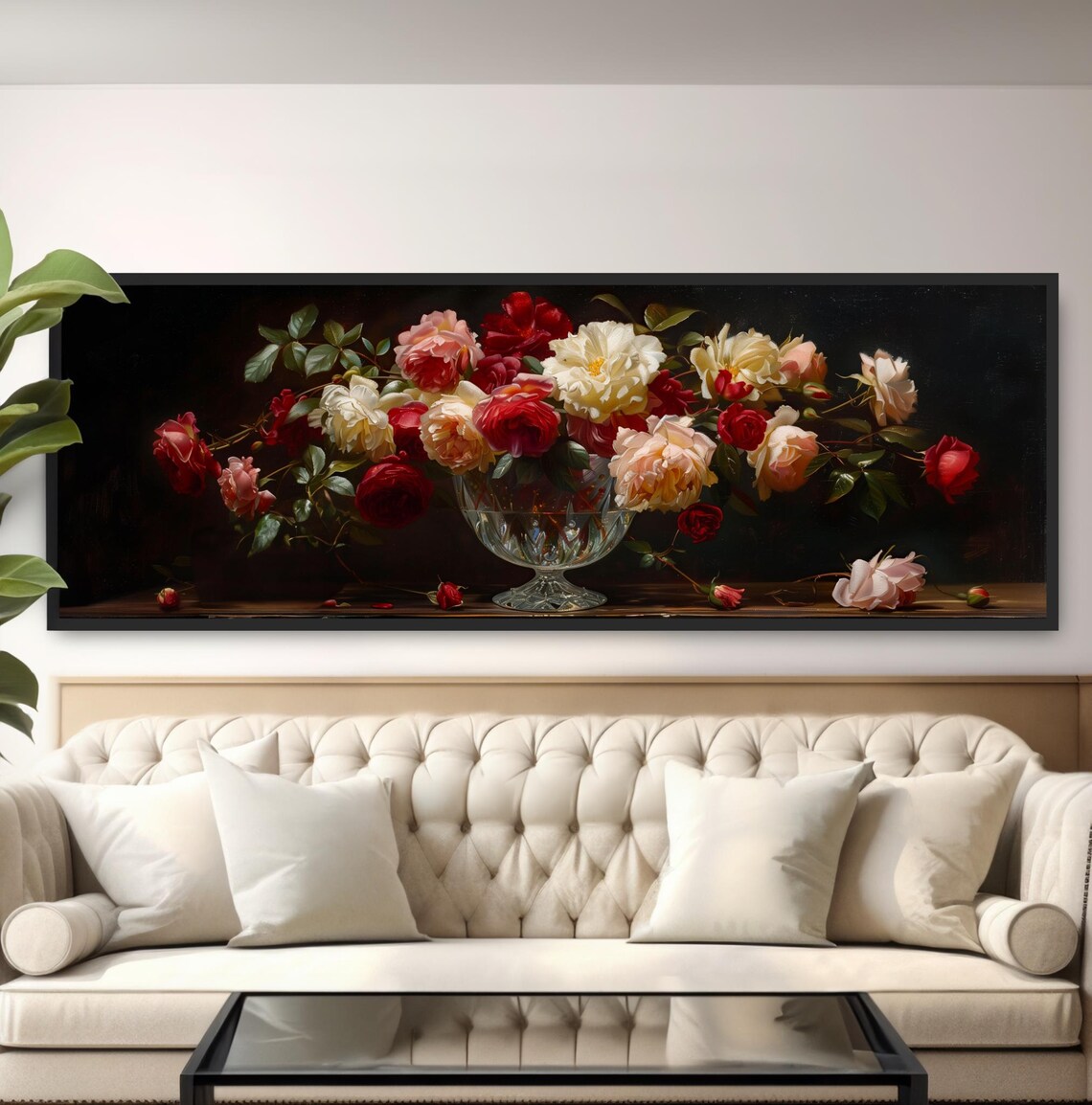 Romantic Roses Crystal Vase Oil Painting Floral Still Life Print