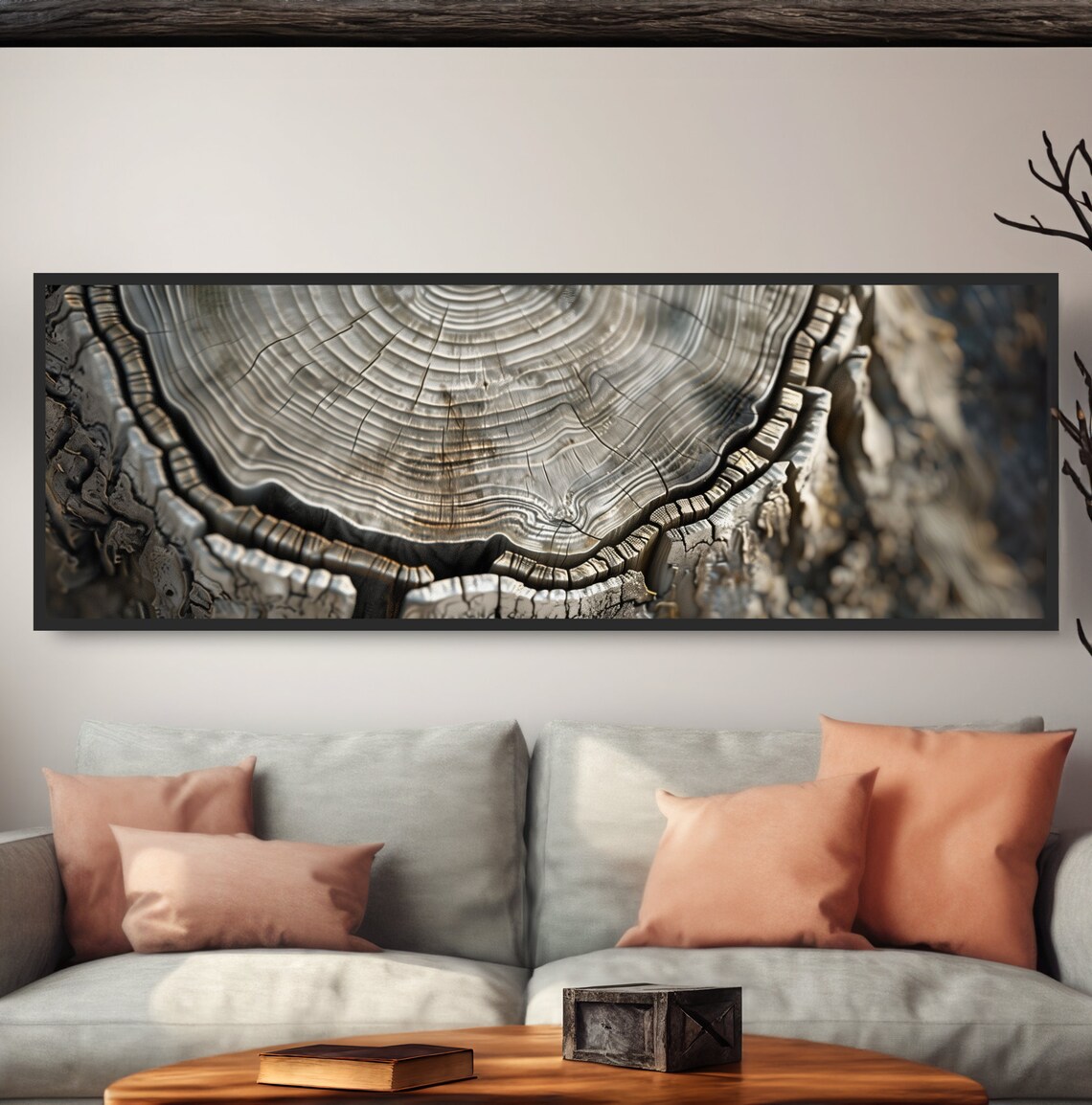Weathered Tree Stump Rings Wall Art Print Aged Wood Trunk Cross Section Beige Grey Neutral Earth Tones Forest Boho Decor Panoramic