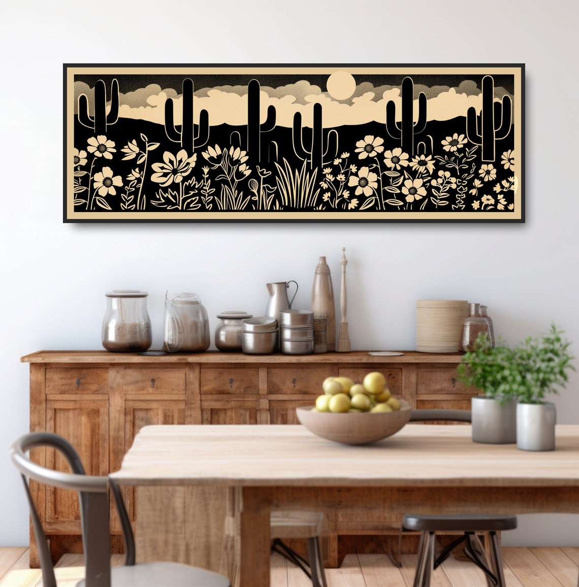 Desert Cactus Moon Silhouette Wildflower Minimalist Night Art Poster - Image 3