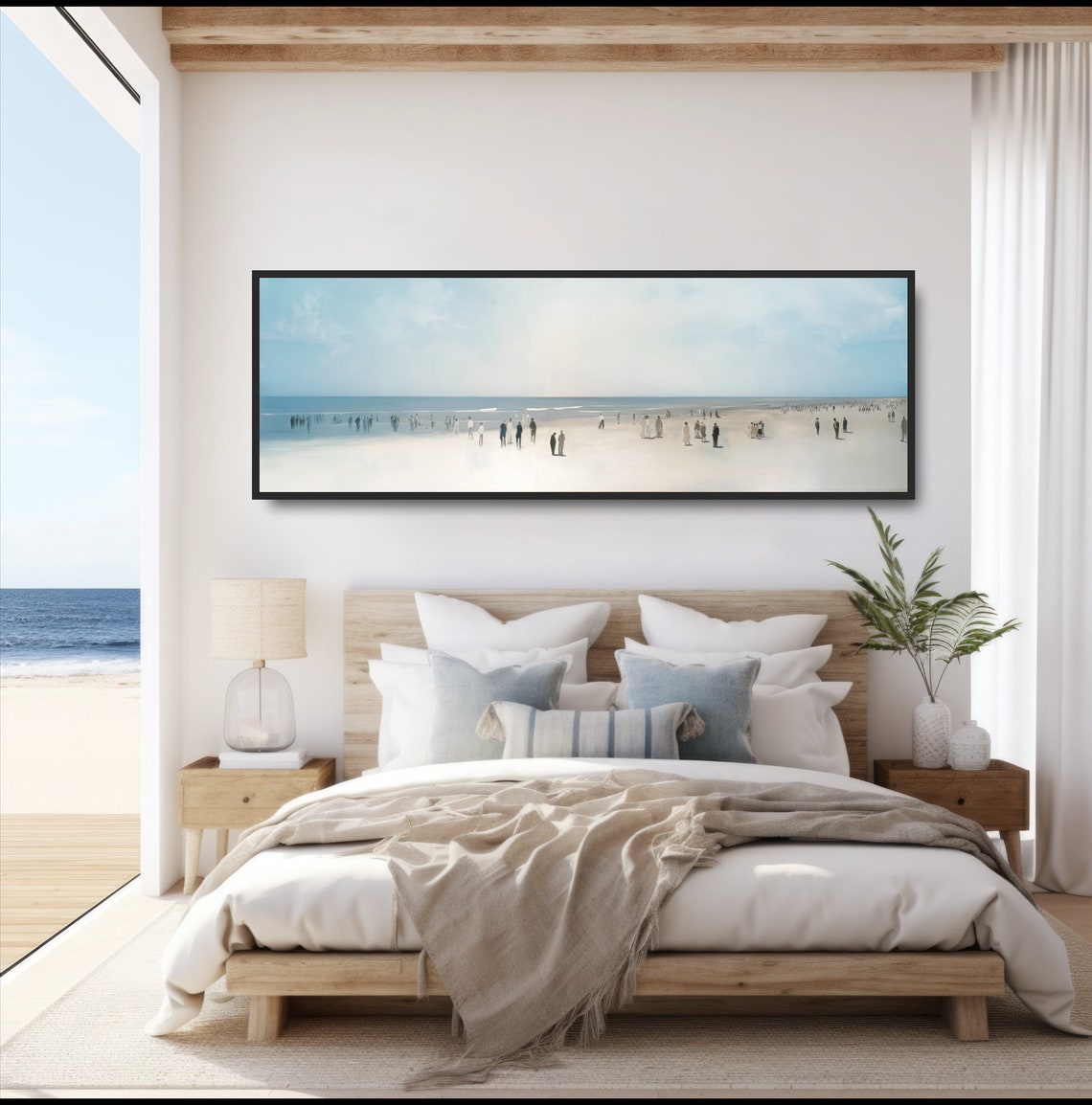 Vintage Pastel Seaside Beach Crowd Soft Blue Sky Retro Wall Poster - Image 4